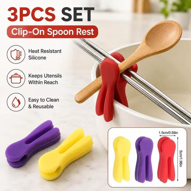 Alt view image 2 of 7 - 3Pcs Silicone Pot Clip Spoon Rest, Utensil Pot Clip Heat Resistant Kitchen Utensil Holder, Bracket Clips Chopstick Cutlery Restsfor Stove Top Rest Kitchen Spoon Holder