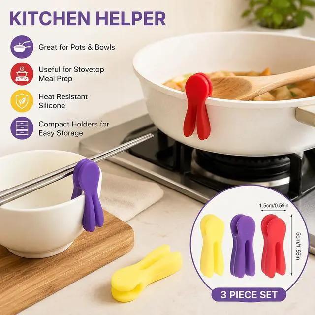 Alt view image 7 of 7 - 3Pcs Silicone Pot Clip Spoon Rest, Utensil Pot Clip Heat Resistant Kitchen Utensil Holder, Bracket Clips Chopstick Cutlery Restsfor Stove Top Rest Kitchen Spoon Holder