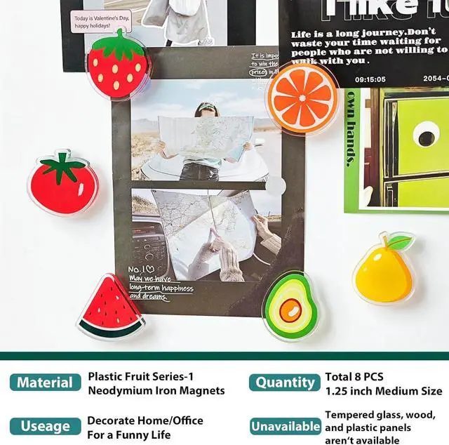 Alt view image 2 of 6 - 8PCS Cute Fruit Fridge Decorative Magnets Funny Food Magnet Set | 1.55inch Plastic Food Refrigerator Magnets,Avocado,Kiwi,Strawberry,Tomato,Orange,Watermelon Pattern Fridge Decoration