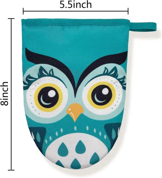 Alt view image 4 of 5 - Owl Cute Green Teal Mini Silicone Oven Mitts, Heat Slip Resistant Kitchen Gloves 2-Pack Set, Soft Short Small Oven Mittens Pot Holders for Baking Grilling Barbecue Microwave Gift