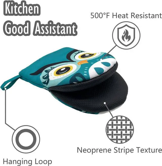 Alt view image 5 of 5 - Owl Cute Green Teal Mini Silicone Oven Mitts, Heat Slip Resistant Kitchen Gloves 2-Pack Set, Soft Short Small Oven Mittens Pot Holders for Baking Grilling Barbecue Microwave Gift