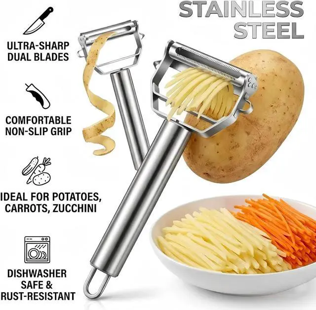 Alt view image 5 of 7 - Julienne Peeler, Double-Sided Blade Multifunctional Vegetable Peeler | 3 in 1 Y Stainless Steel Vegetable Peeler for potato,cabbage,carrot,cucumber,fruit