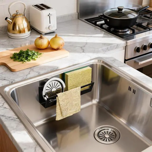 Alt view image 2 of 7 - Epicano Sponge Holder for Kitchen Sink | with Suction Cups & Adhesive Hook, Rustproof, Space-Saving Wall Hanging, Stainless Steel, For Sponge, Dish Cloth, Brush
