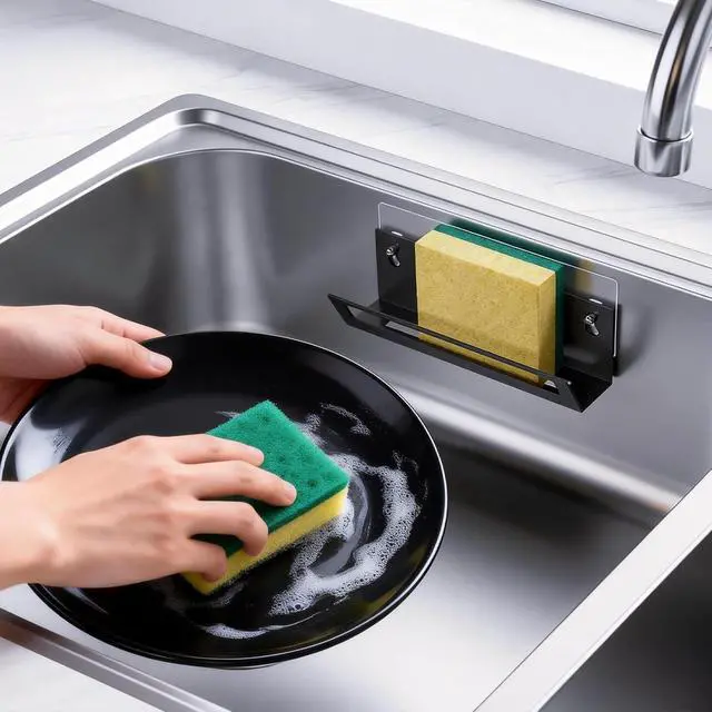 Alt view image 3 of 7 - Epicano Sponge Holder for Kitchen Sink | with Suction Cups & Adhesive Hook, Rustproof, Space-Saving Wall Hanging, Stainless Steel, For Sponge, Dish Cloth, Brush