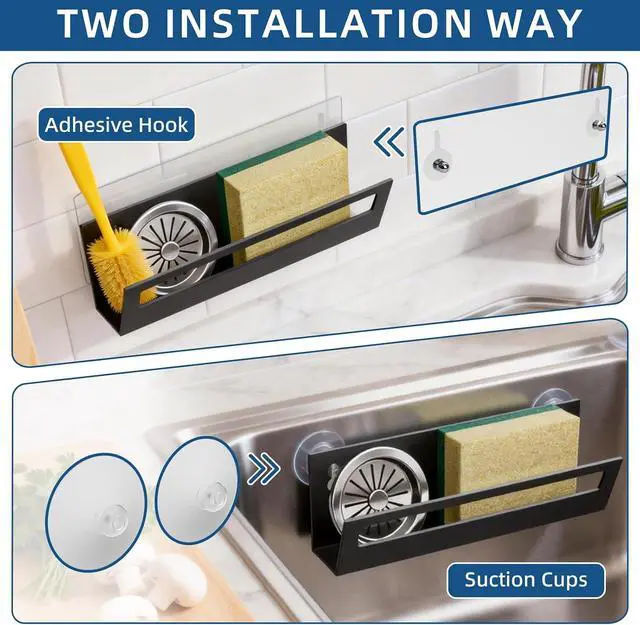 Alt view image 5 of 7 - Epicano Sponge Holder for Kitchen Sink | with Suction Cups & Adhesive Hook, Rustproof, Space-Saving Wall Hanging, Stainless Steel, For Sponge, Dish Cloth, Brush