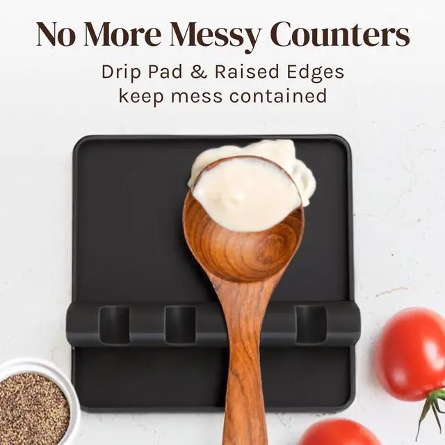 Alt view image 3 of 7 - Cooler Kitchen Black Silicone Spoon Rest for Stove Top with Drip Pad (Two Pack) - Heat-Resistant, BPA-Free Utensil Rest & Spoon Holder for Kitchen Counter - Grill Utensil Holder for Spatulas