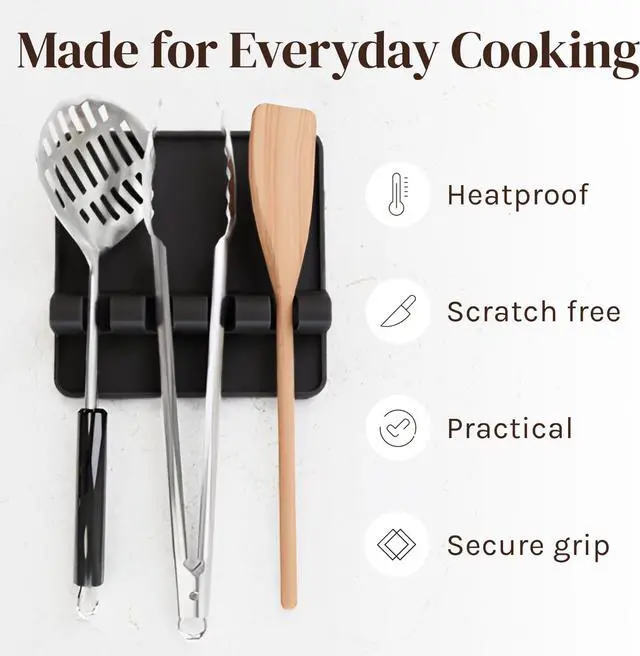 Alt view image 5 of 7 - Cooler Kitchen Black Silicone Spoon Rest for Stove Top with Drip Pad (Two Pack) - Heat-Resistant, BPA-Free Utensil Rest & Spoon Holder for Kitchen Counter - Grill Utensil Holder for Spatulas
