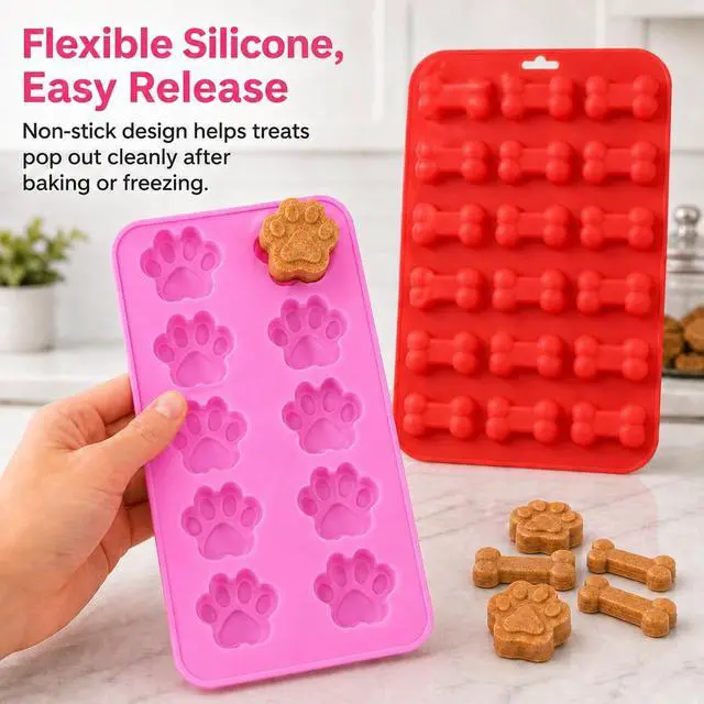 Alt view image 4 of 7 - Dog Treat Mold Silicone 2 Pack, Paw Print and Bone Silicone Molds for Homemade Dog Treats, Frozen Puppy Treats, Dog Ice Cream, Chocolate, Gummies, Candy, Ice Cubes, BPA Free Easy Release Pet Mold