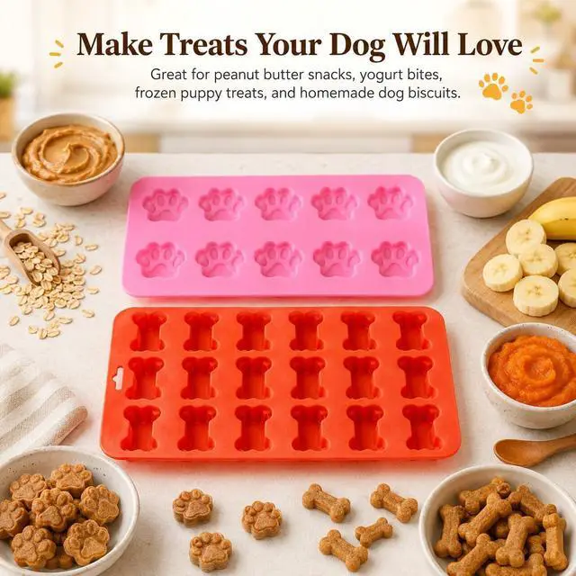 Alt view image 3 of 7 - Dog Treat Mold Silicone 2 Pack, Paw Print and Bone Silicone Molds for Homemade Dog Treats, Frozen Puppy Treats, Dog Ice Cream, Chocolate, Gummies, Candy, Ice Cubes, BPA Free Easy Release Pet Mold