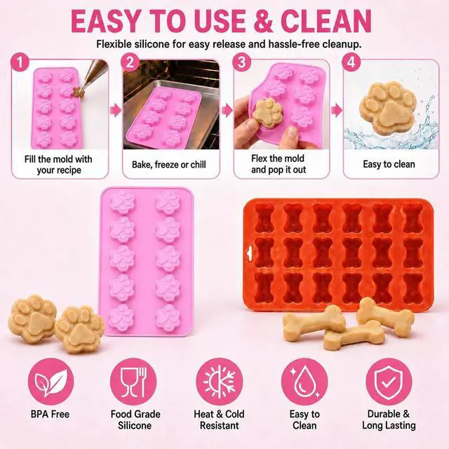 Alt view image 5 of 7 - Dog Treat Mold Silicone 2 Pack, Paw Print and Bone Silicone Molds for Homemade Dog Treats, Frozen Puppy Treats, Dog Ice Cream, Chocolate, Gummies, Candy, Ice Cubes, BPA Free Easy Release Pet Mold