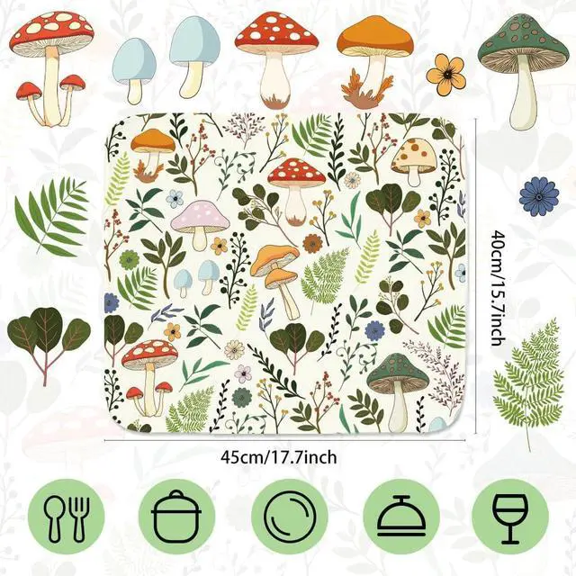 Alt view image 2 of 7 - Dish Drying Mat for Kitchen Counter, 40cm x 45cm,Mushroom and Leaf Pattern, Absorbent Microfiber Drying Pad for Dishes, Quick-Dry Kitchen Mat with Non-Slip Base, Countertop Protector