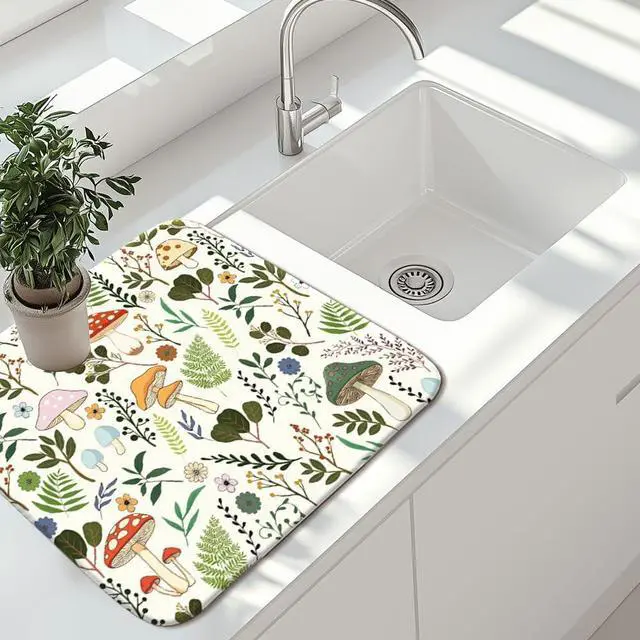 Alt view image 3 of 7 - Dish Drying Mat for Kitchen Counter, 40cm x 45cm,Mushroom and Leaf Pattern, Absorbent Microfiber Drying Pad for Dishes, Quick-Dry Kitchen Mat with Non-Slip Base, Countertop Protector