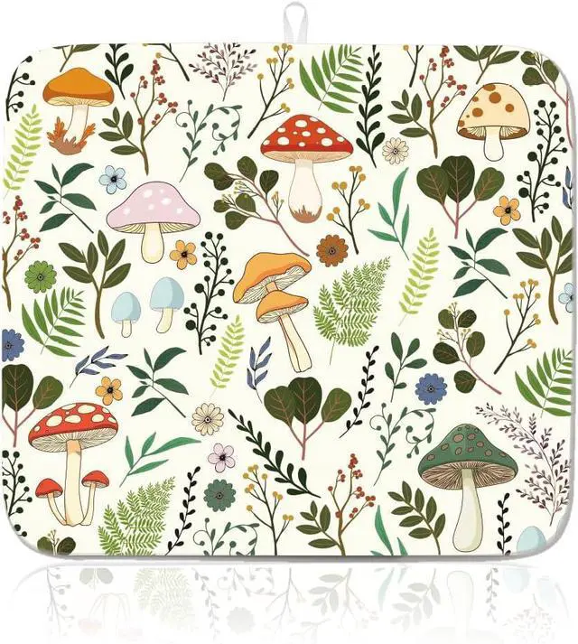 Main image of Dish Drying Mat for Kitchen Counter, 40cm x 45cm,Mushroom and Leaf Pattern, Absorbent Microfiber Drying Pad for Dishes, Quick-Dry Kitchen Mat with Non-Slip Base, Countertop Protector