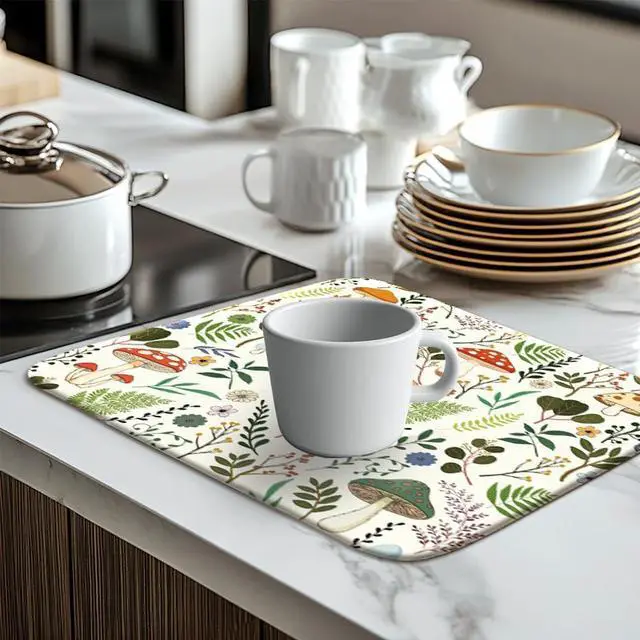 Alt view image 5 of 7 - Dish Drying Mat for Kitchen Counter, 40cm x 45cm,Mushroom and Leaf Pattern, Absorbent Microfiber Drying Pad for Dishes, Quick-Dry Kitchen Mat with Non-Slip Base, Countertop Protector