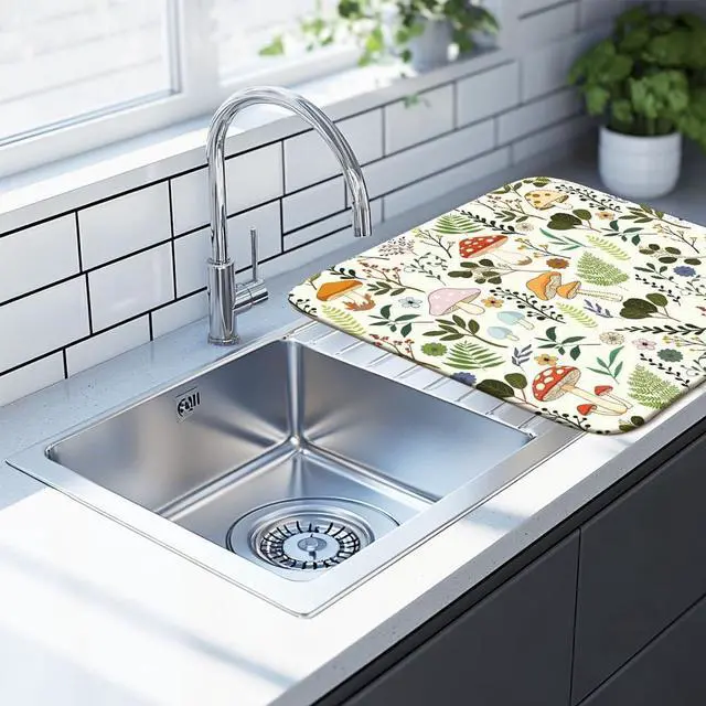 Alt view image 4 of 7 - Dish Drying Mat for Kitchen Counter, 40cm x 45cm,Mushroom and Leaf Pattern, Absorbent Microfiber Drying Pad for Dishes, Quick-Dry Kitchen Mat with Non-Slip Base, Countertop Protector