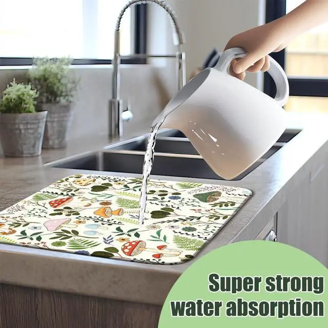 Alt view image 6 of 7 - Dish Drying Mat for Kitchen Counter, 40cm x 45cm,Mushroom and Leaf Pattern, Absorbent Microfiber Drying Pad for Dishes, Quick-Dry Kitchen Mat with Non-Slip Base, Countertop Protector