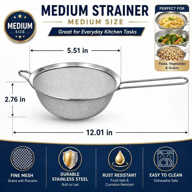 Alt view image 3 of 7 - HiramWare Fine Mesh Strainer, Medium Stainless Steel Colander with Handle, Sieve for Pasta, Rice, Quinoa, Spaghetti, Fruits, Berry, Flour, Veggies, Metal Sifter for Kitchen