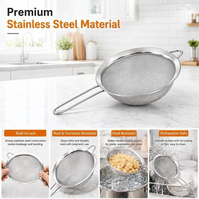 Alt view image 4 of 7 - HiramWare Fine Mesh Strainer, Medium Stainless Steel Colander with Handle, Sieve for Pasta, Rice, Quinoa, Spaghetti, Fruits, Berry, Flour, Veggies, Metal Sifter for Kitchen
