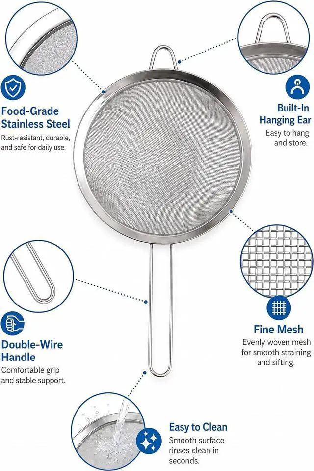 Alt view image 2 of 7 - HiramWare Fine Mesh Strainer, Medium Stainless Steel Colander with Handle, Sieve for Pasta, Rice, Quinoa, Spaghetti, Fruits, Berry, Flour, Veggies, Metal Sifter for Kitchen