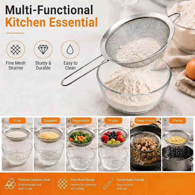 Alt view image 7 of 7 - HiramWare Fine Mesh Strainer, Medium Stainless Steel Colander with Handle, Sieve for Pasta, Rice, Quinoa, Spaghetti, Fruits, Berry, Flour, Veggies, Metal Sifter for Kitchen