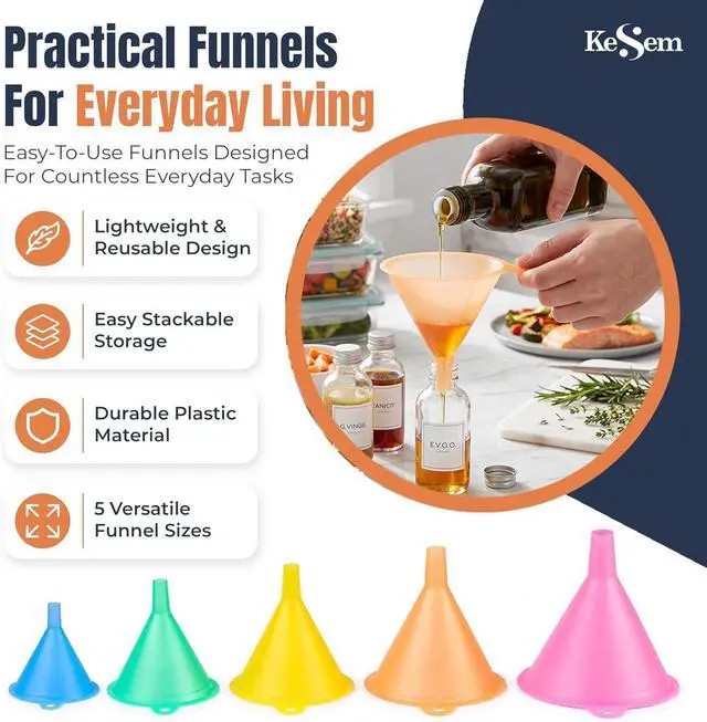 Alt view image 2 of 7 - Plastic Kitchen Funnel Set of 5, Round Food Funnels for Kitchen Use, Multifunctional Funnels for Filling Bottles Canning Oil Funnel for Cooking, Lab and Automotive Use