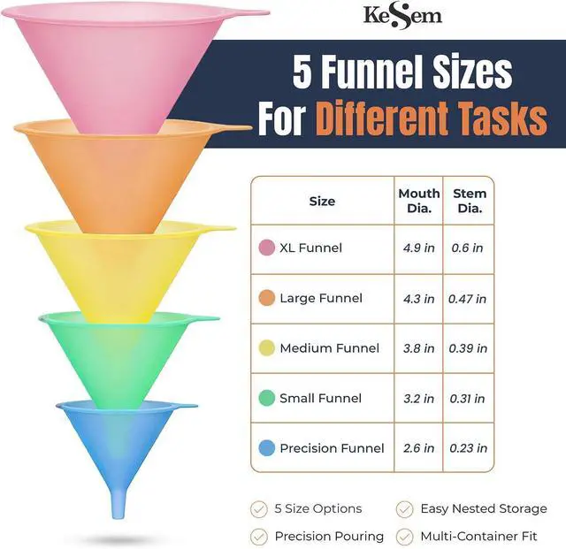 Alt view image 3 of 7 - Plastic Kitchen Funnel Set of 5, Round Food Funnels for Kitchen Use, Multifunctional Funnels for Filling Bottles Canning Oil Funnel for Cooking, Lab and Automotive Use