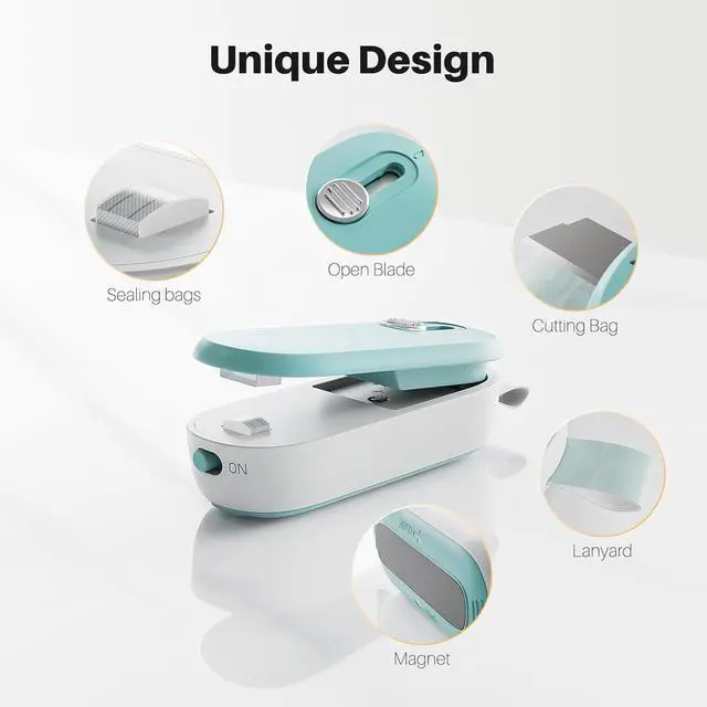 Alt view image 2 of 7 - ODSD 2 in 1 Mini Bag Sealer - Heat Seal and Cutter with Lanyard, Portable Handheld Chip Bag Sealer for Snacks, Candies, Plastic Food Storage (Batteries Included)