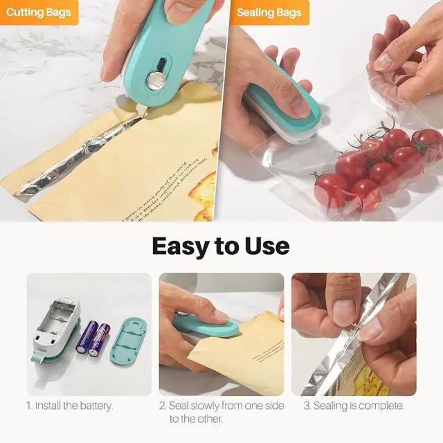 Alt view image 3 of 7 - ODSD 2 in 1 Mini Bag Sealer - Heat Seal and Cutter with Lanyard, Portable Handheld Chip Bag Sealer for Snacks, Candies, Plastic Food Storage (Batteries Included)