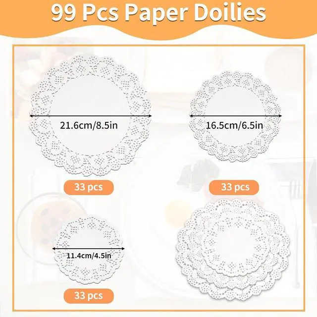 Alt view image 2 of 7 - Paper Doilies Assorted Sizes, Disposable Lace Doilies for Dessert Trays | 99 Pcs, 4.5 6.5 8.5 in, for Table Cake, Round, Safe for Food, Good Oil Absorption, Xmas Craft, White, Paper Placemats Bulk