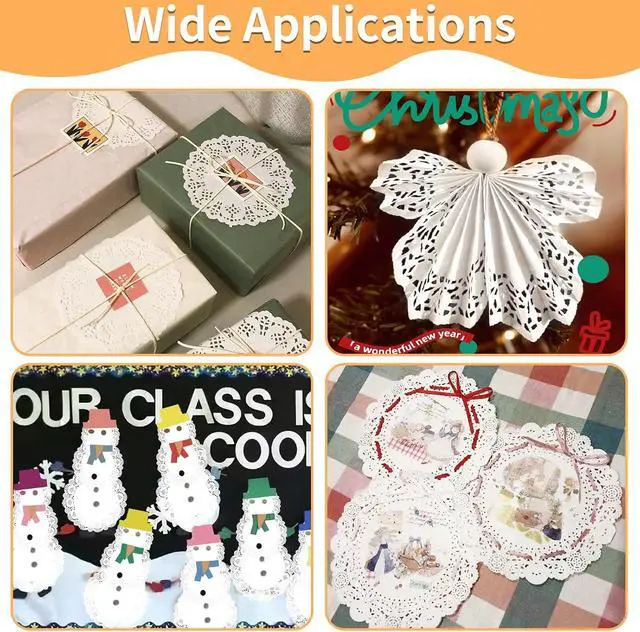 Alt view image 4 of 7 - Paper Doilies Assorted Sizes, Disposable Lace Doilies for Dessert Trays | 99 Pcs, 4.5 6.5 8.5 in, for Table Cake, Round, Safe for Food, Good Oil Absorption, Xmas Craft, White, Paper Placemats Bulk