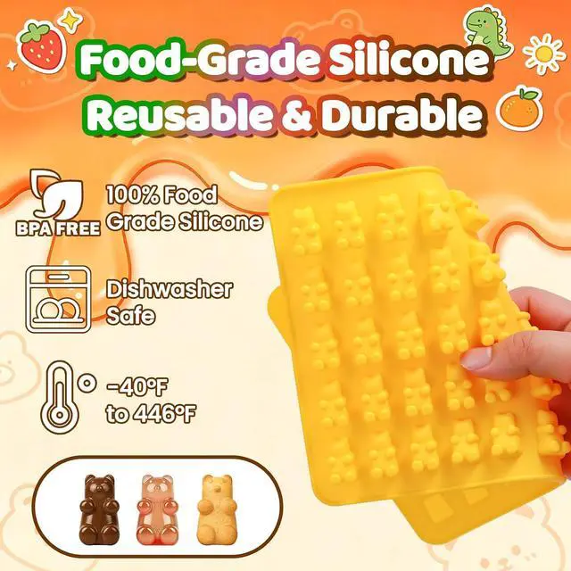 Alt view image 3 of 7 - Gummy Candy Molds with 2pcs Droppers, Silicone Bear Dinosaur Fruit Snack Molds, Non-stick Silicone Chocolate Molds for Gummies Candy Chocolate Baking