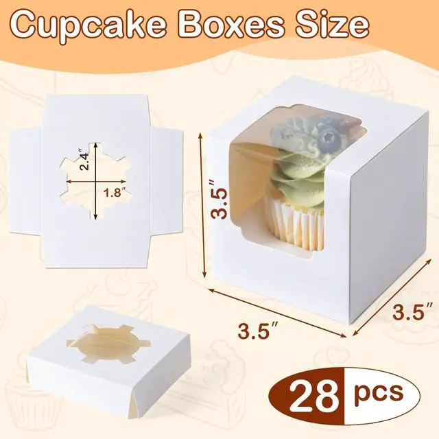 Alt view image 2 of 7 - Hoewina 28 PCS Cupcake Boxes, Individual Cupcake Containers with Window | Cupcake Holders Carrier with Inserts, Stackable Deep Cake Box for Birthday Holiday Party Bakery Supplies (White)