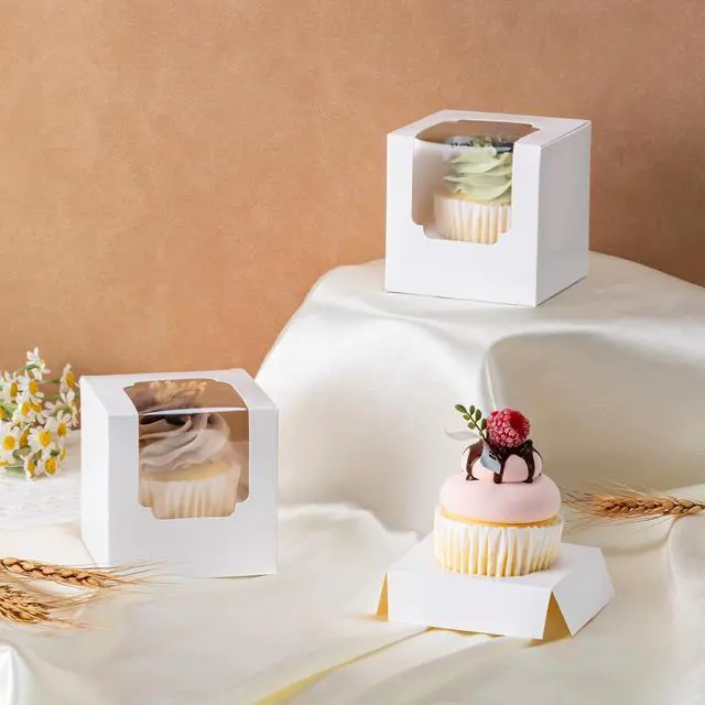 Alt view image 3 of 7 - Hoewina 28 PCS Cupcake Boxes, Individual Cupcake Containers with Window | Cupcake Holders Carrier with Inserts, Stackable Deep Cake Box for Birthday Holiday Party Bakery Supplies (White)