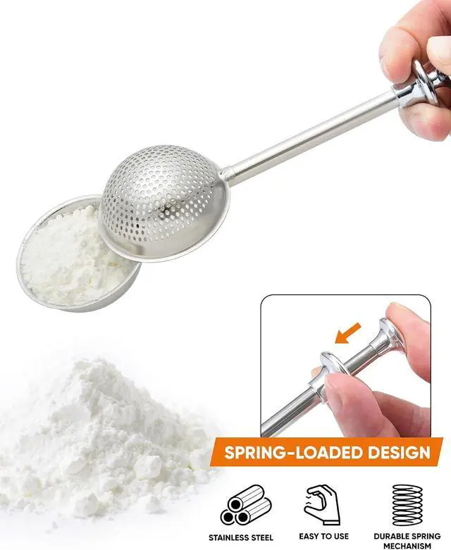 Alt view image 2 of 7 - Flour Duster for Baking, One-Handed Operation, 304 Stainless Steel | Spring-Press Handle, Dishwasher Safe, For Flour, Powdered Sugar, Fine Spices, Pick Up and Dust Flour Sifter, Gift Package