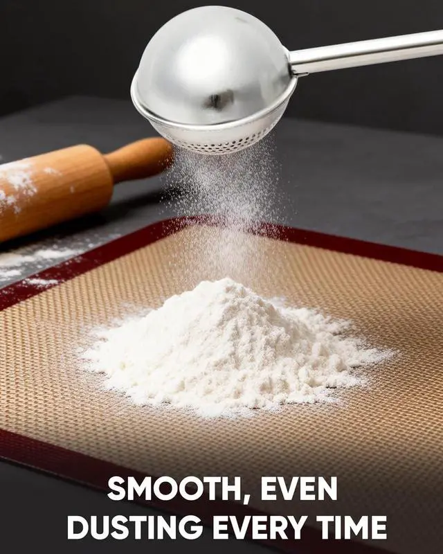 Alt view image 4 of 7 - Flour Duster for Baking, One-Handed Operation, 304 Stainless Steel | Spring-Press Handle, Dishwasher Safe, For Flour, Powdered Sugar, Fine Spices, Pick Up and Dust Flour Sifter, Gift Package