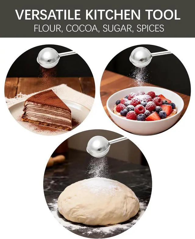 Alt view image 6 of 7 - Flour Duster for Baking, One-Handed Operation, 304 Stainless Steel | Spring-Press Handle, Dishwasher Safe, For Flour, Powdered Sugar, Fine Spices, Pick Up and Dust Flour Sifter, Gift Package