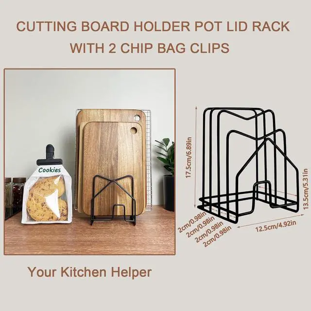 Alt view image 4 of 7 - SUNFICON Cutting Board Holder W 2 Chip Bag Clips 304 Stainless Steel Chopping Board Rack Pot Lid Organizer Inside Cabinet Pot Cover Cookie Sheet Bakeware Serving Tray Cooling Rack Stand Kitchen Black