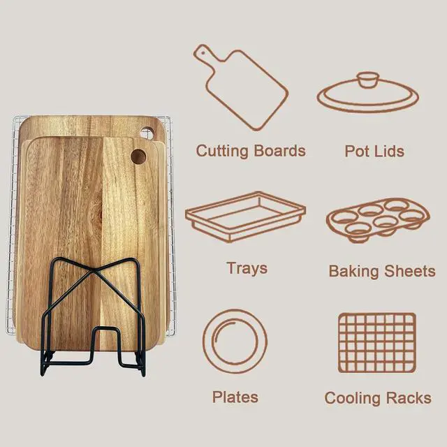 Alt view image 3 of 7 - SUNFICON Cutting Board Holder W 2 Chip Bag Clips 304 Stainless Steel Chopping Board Rack Pot Lid Organizer Inside Cabinet Pot Cover Cookie Sheet Bakeware Serving Tray Cooling Rack Stand Kitchen Black