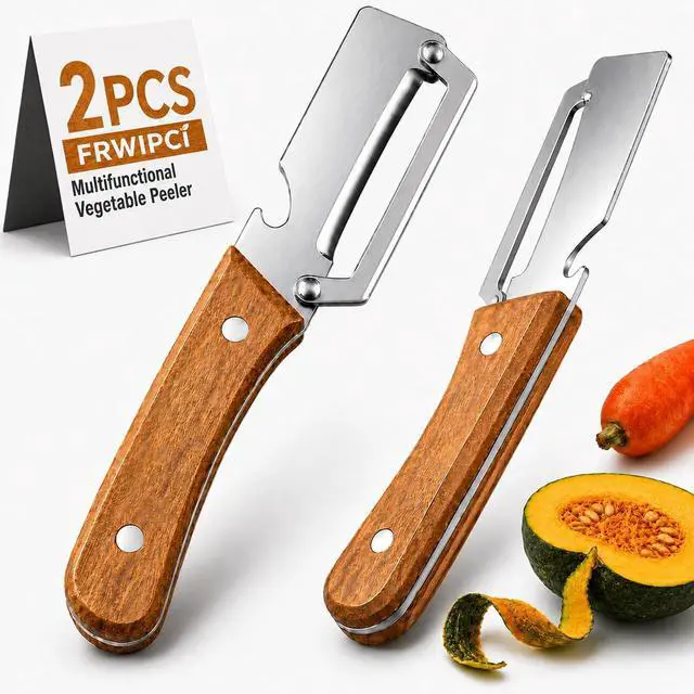 Main image of 2Pcs FRWIPCI Multifunctional Vegetable Peeler for Kitchen, Ultra-Sharp Stainless Steel Fruit Peeler with Non-Slip Wooden Handle, Wide Blade Opening for Pumpkin, Squash, Camping and Travel, Right-Hand