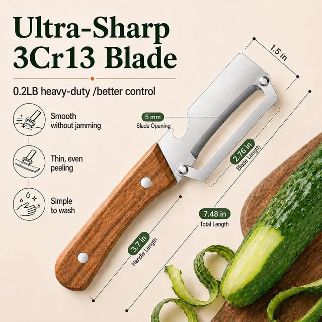 Alt view image 2 of 7 - 2Pcs FRWIPCI Multifunctional Vegetable Peeler for Kitchen, Ultra-Sharp Stainless Steel Fruit Peeler with Non-Slip Wooden Handle, Wide Blade Opening for Pumpkin, Squash, Camping and Travel, Right-Hand