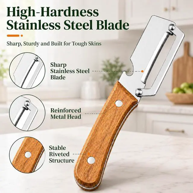 Alt view image 4 of 7 - 2Pcs FRWIPCI Multifunctional Vegetable Peeler for Kitchen, Ultra-Sharp Stainless Steel Fruit Peeler with Non-Slip Wooden Handle, Wide Blade Opening for Pumpkin, Squash, Camping and Travel, Right-Hand