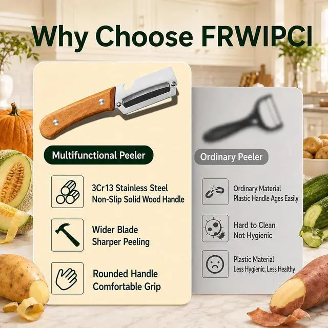 Alt view image 5 of 7 - 2Pcs FRWIPCI Multifunctional Vegetable Peeler for Kitchen, Ultra-Sharp Stainless Steel Fruit Peeler with Non-Slip Wooden Handle, Wide Blade Opening for Pumpkin, Squash, Camping and Travel, Right-Hand