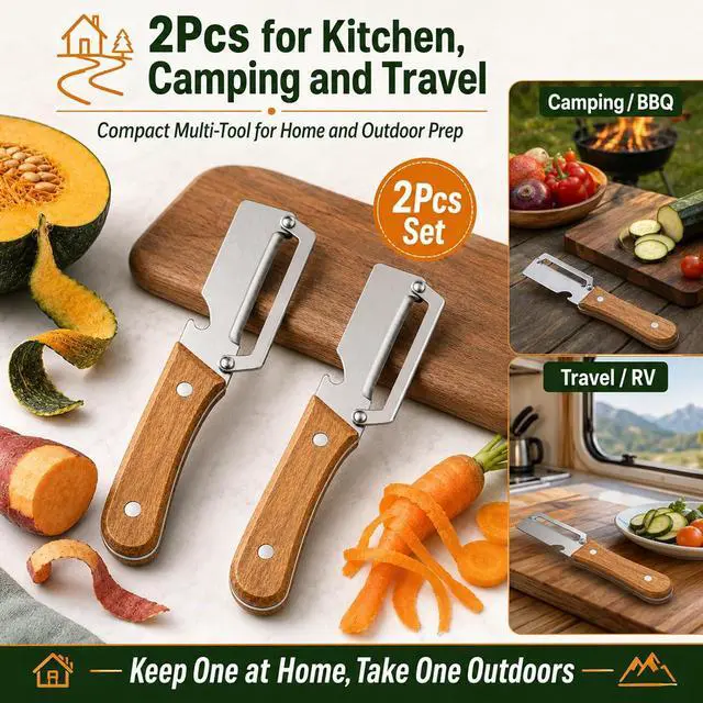 Alt view image 7 of 7 - 2Pcs FRWIPCI Multifunctional Vegetable Peeler for Kitchen, Ultra-Sharp Stainless Steel Fruit Peeler with Non-Slip Wooden Handle, Wide Blade Opening for Pumpkin, Squash, Camping and Travel, Right-Hand