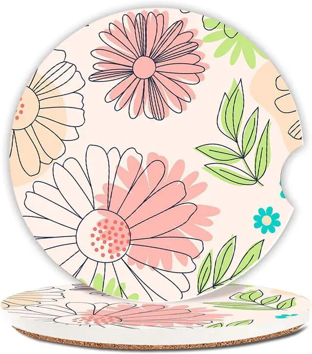 Main image of 2 Pcs Flowers Car Coasters,Ceramic Cup Holder Coasters with a Finger Notch,2.56" Ceramic Stone & Non-Scratch Cork Base,Car Accessories for Women&Man.11