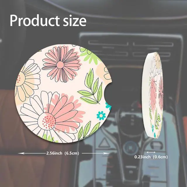 Alt view image 2 of 5 - 2 Pcs Flowers Car Coasters,Ceramic Cup Holder Coasters with a Finger Notch,2.56" Ceramic Stone & Non-Scratch Cork Base,Car Accessories for Women&Man.11
