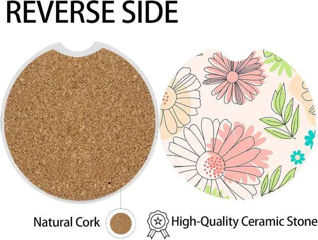 Alt view image 4 of 5 - 2 Pcs Flowers Car Coasters,Ceramic Cup Holder Coasters with a Finger Notch,2.56" Ceramic Stone & Non-Scratch Cork Base,Car Accessories for Women&Man.11