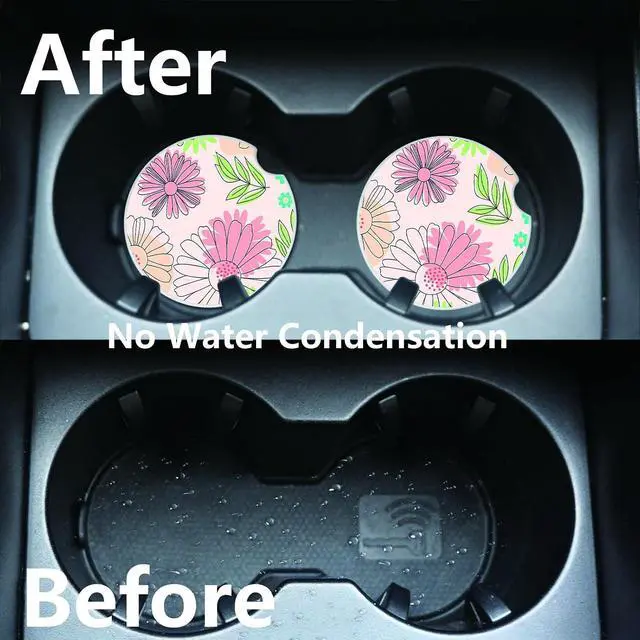 Alt view image 3 of 5 - 2 Pcs Flowers Car Coasters,Ceramic Cup Holder Coasters with a Finger Notch,2.56" Ceramic Stone & Non-Scratch Cork Base,Car Accessories for Women&Man.11