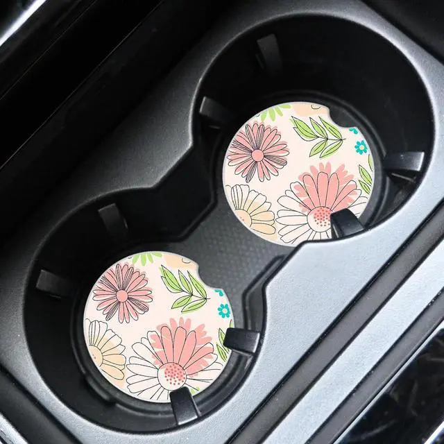 Alt view image 5 of 5 - 2 Pcs Flowers Car Coasters,Ceramic Cup Holder Coasters with a Finger Notch,2.56" Ceramic Stone & Non-Scratch Cork Base,Car Accessories for Women&Man.11