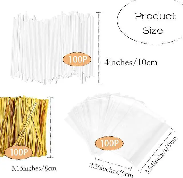 Alt view image 2 of 6 - 4-inch White Lollipop Sticks and Bags Set, 100Pcs Paper Candy Sticks,100Pcs Clear Bags, 100Pcs Twist Ties for Hard Candy, Chocolate, Cookie, Dessert (Gold)
