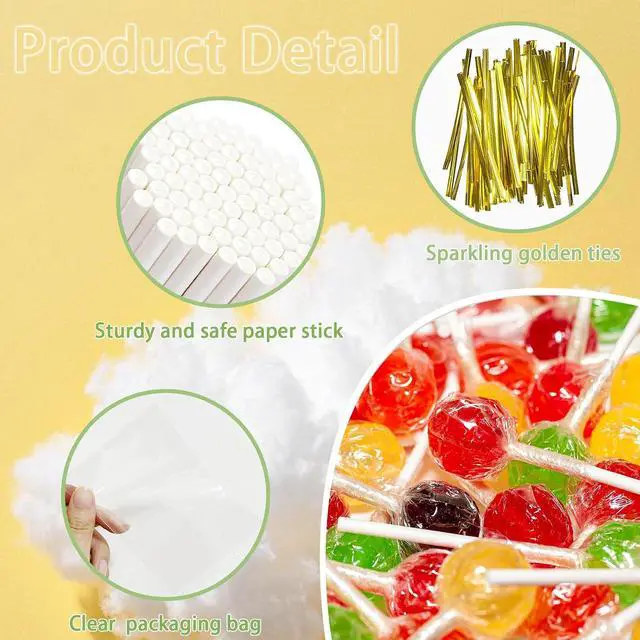 Alt view image 3 of 6 - 4-inch White Lollipop Sticks and Bags Set, 100Pcs Paper Candy Sticks,100Pcs Clear Bags, 100Pcs Twist Ties for Hard Candy, Chocolate, Cookie, Dessert (Gold)